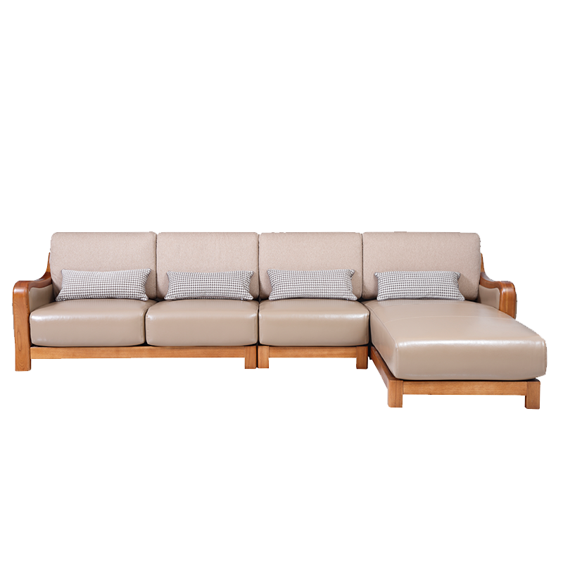 【现货闪发】A家家居 现代新中式实木皮艺沙发客厅布艺实木沙发组合家具逸彩系列 组合沙发 三人位+中位+左贵妃(约3.37米)