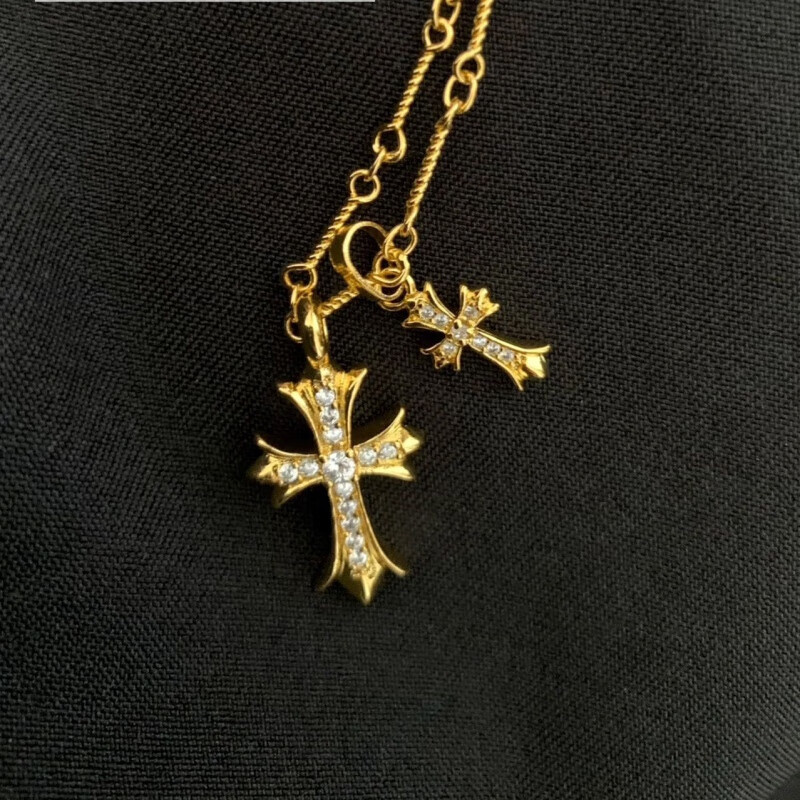 胖东来同款双十字架项链休闲潮牌镀金镶钻男女同款网红不掉色 金色十字架镶钻