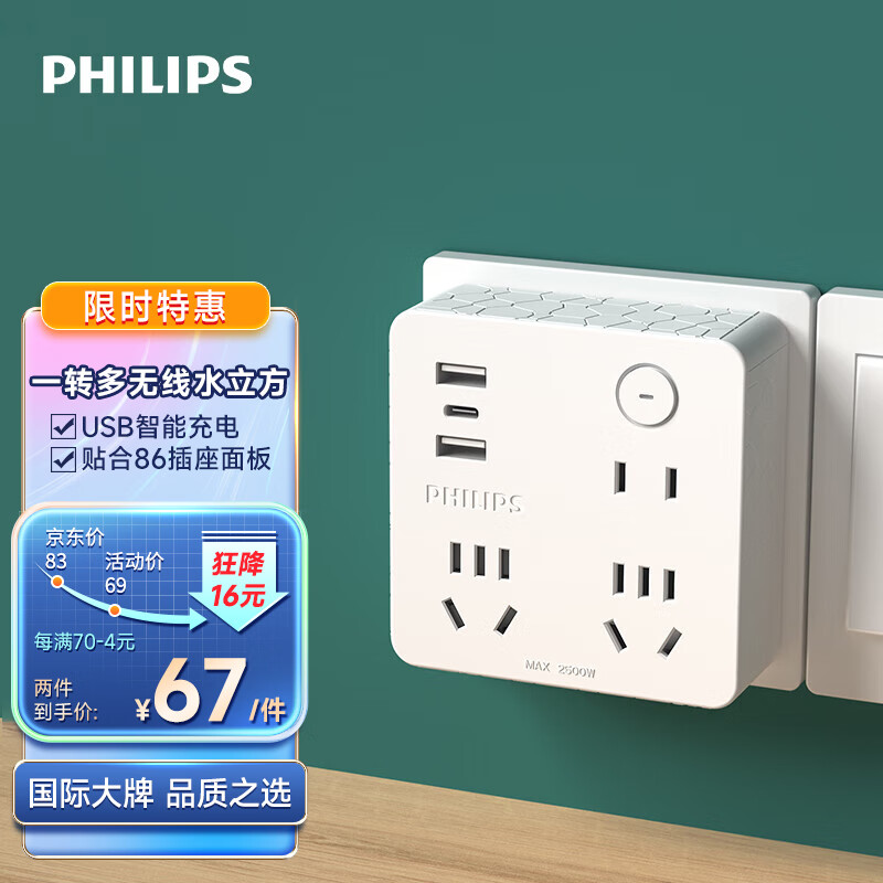 飞利浦墙壁魔方智能USB插座 水立方USB+Type-c充电 插座转换器/电源转换器/86型转换插头/插座扩展 4031W