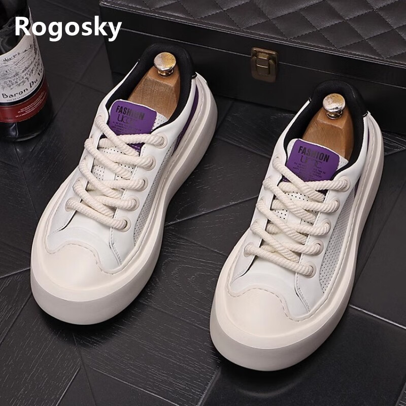rogosky香港潮牌牛仔帆布鞋男夏季打孔透气厚底休闲板鞋青年拼色小白