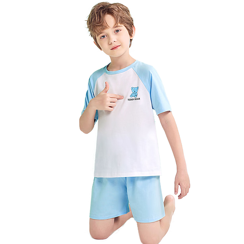 浪莎（LangSha）兒童睡衣男童夏季薄款透氣純棉家居服中學(xué)生插肩袖短袖套裝140