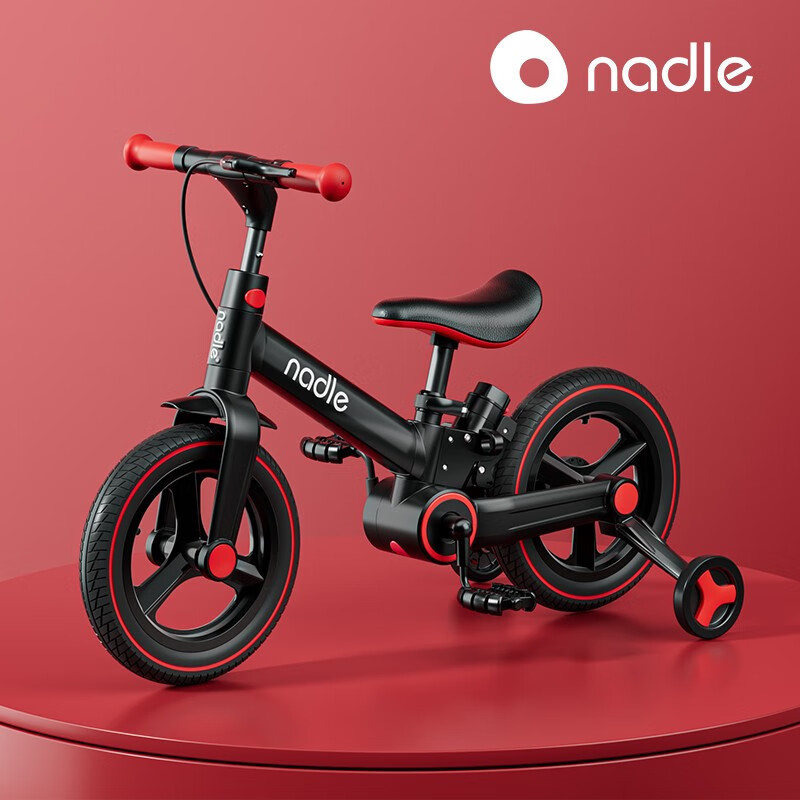 纳豆（nadle）儿童自行车折叠单车脚踏1-3-5岁男孩女初学者辅助轮二合一平衡车 高贵红 12寸