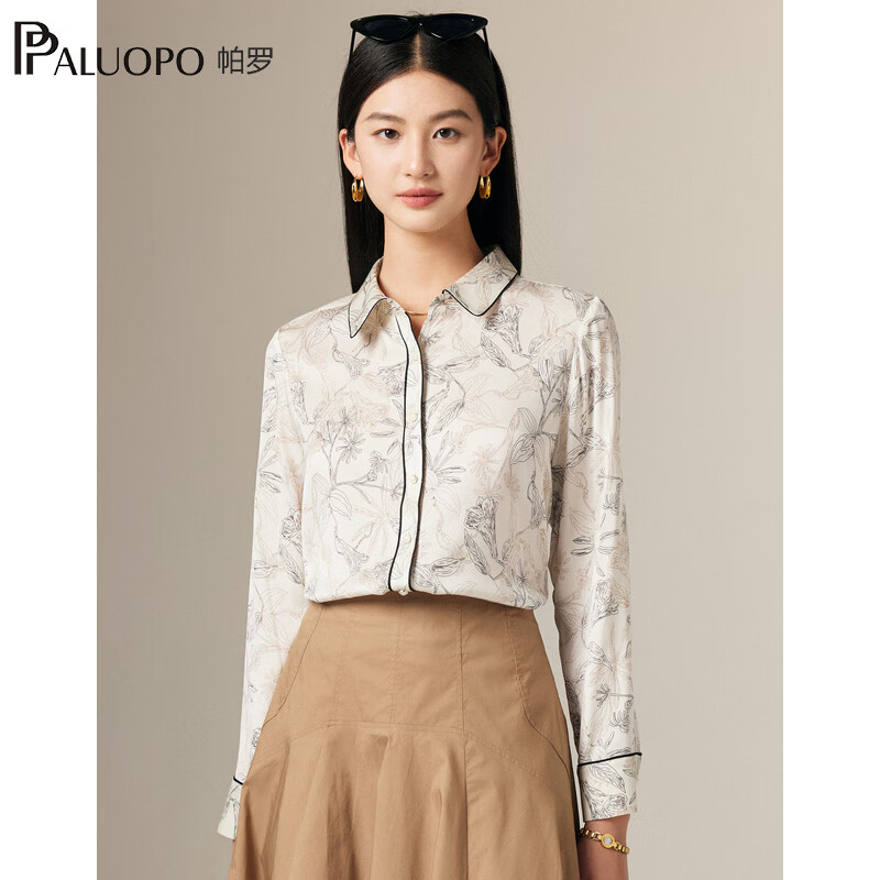 帕罗（PALUOPO）19姆米弹力双乔桑蚕丝夏长袖印花微弹衬衣休闲文艺上衣衬衫女 白底花 XL (170/92A)