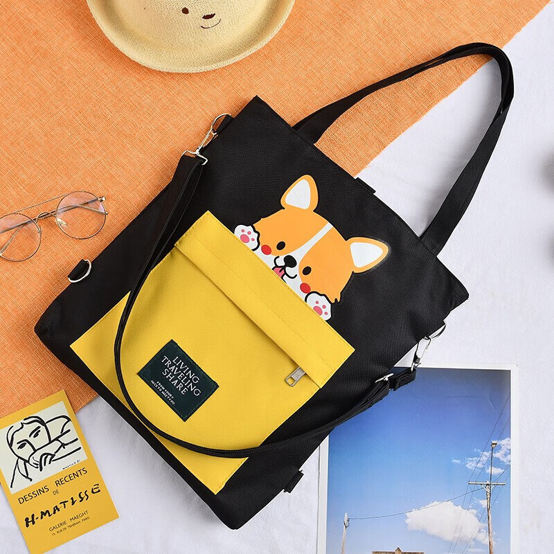 帆布包女单肩帆布袋ins布袋子学生手提袋拎书袋布袋包斜挎手提包 秋田犬黑色