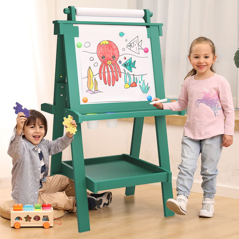 可爱布丁（Keaibuding）儿童画板大号实木男女孩双面升降折叠3磁性4岁6支架式生日节礼物