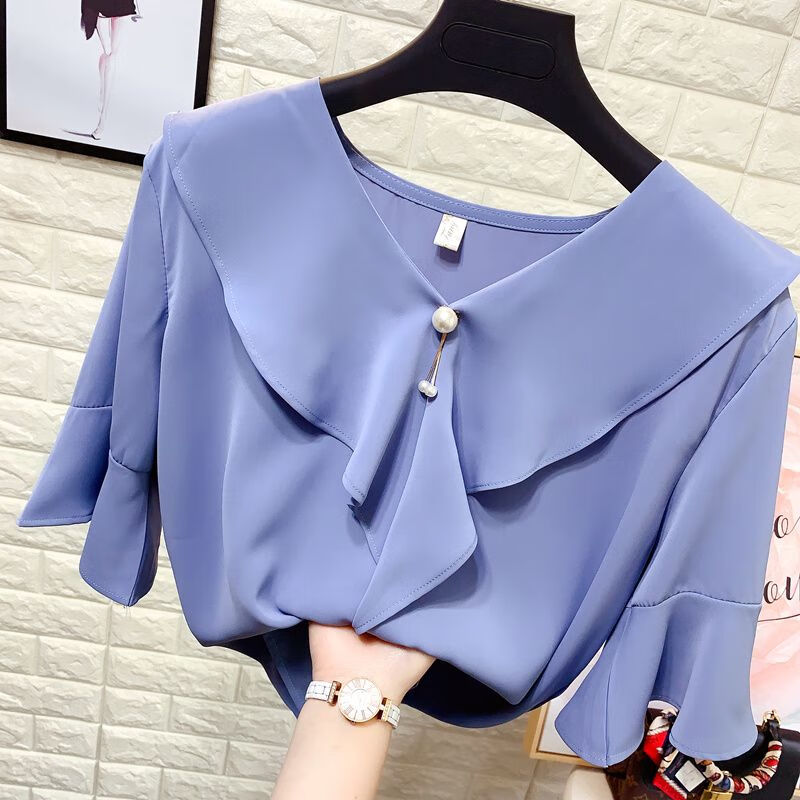 浅黛颜喇叭短袖套头雪纺衫夏荷叶边v领垂感衬衫轻熟女职业上衣 蓝色 m