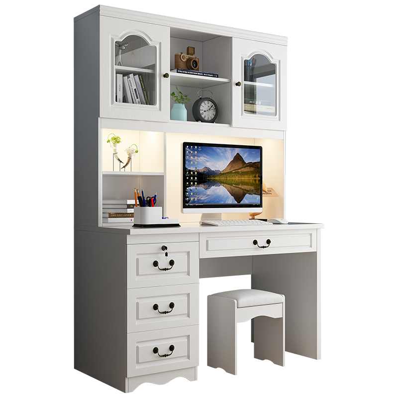 凯帝格 书桌书架组合家用学生卧室写字台办公桌台式桌带灯带梳妆镜子电脑桌台式书柜一体 1米 白色