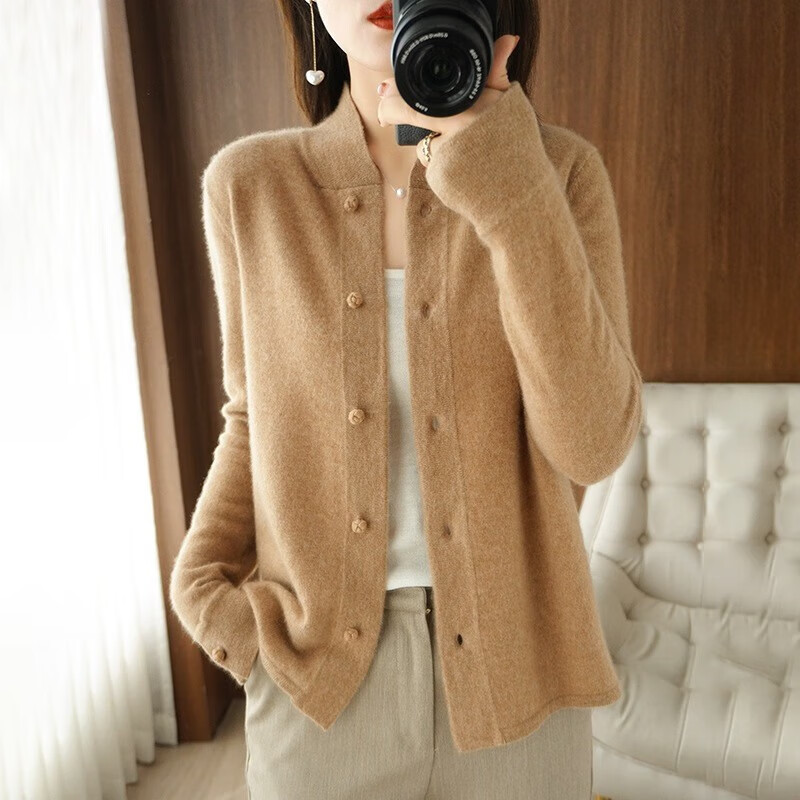 100%纯羊毛开衫女士外套针织衫时尚羊毛衫外穿 深卡其色 xxl胸围105