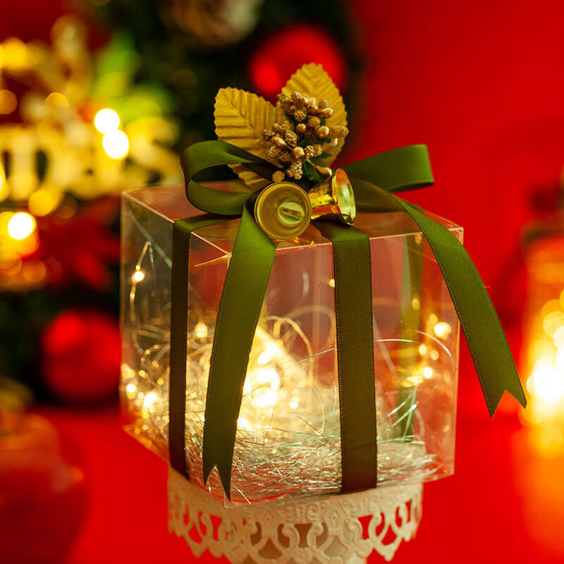 悦希精选创意中国风圣诞节透明苹果包装盒平安夜礼物包装盒结婚喜糖礼品盒OVD 绿色缎带喇叭1套带灯