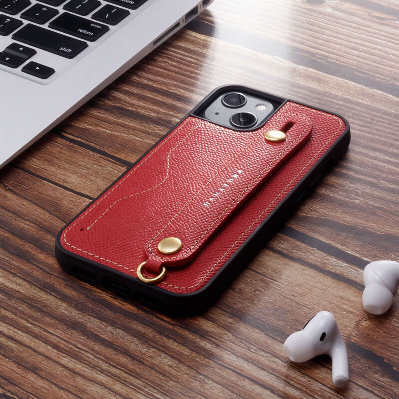 花虎（HANATORA）苹果13Promax手机壳带支架带挂绳腕带插卡真皮新款iPhone13女款男款卡包全包防摔日式风格高级感 红色 iPhone13promax