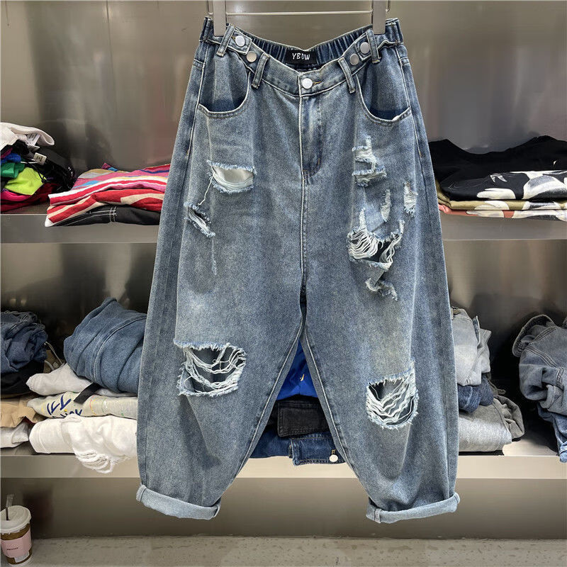 粗腿裤女300斤特大码胖mm破洞乞丐老爹裤松紧 蓝色 2xl 建议120-150斤