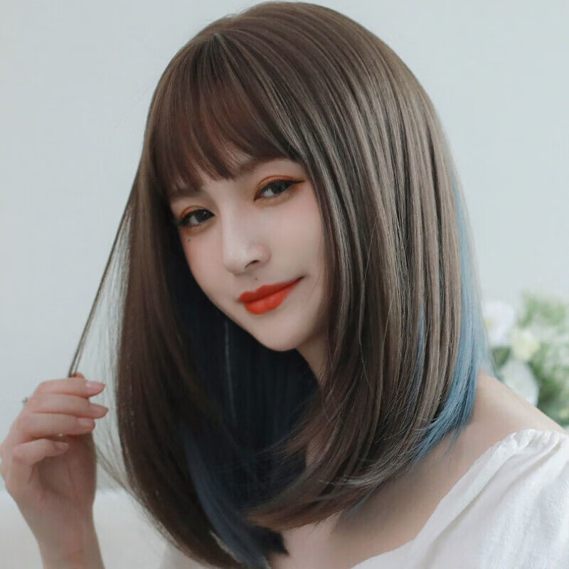 唐妮 韩式发型女蓝色挂耳染层次锁骨发内扣中长挂耳发自然头套式假发
