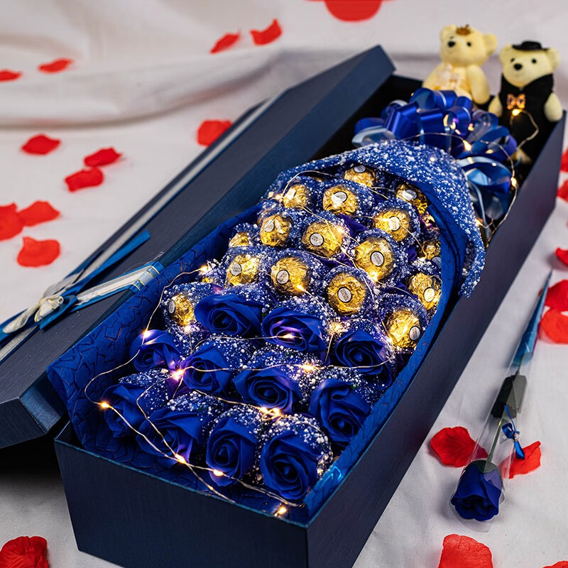 费列罗巧克力花束礼盒情人节新年礼物送亲友女友女朋女老婆生日礼物女 蓝色19颗巧克力+11朵香皂花