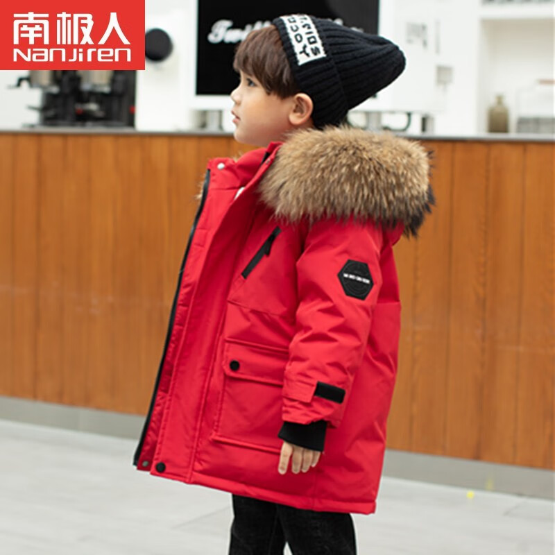 南极人品牌儿童羽绒服男童中长款2021冬季新款洋气小童男孩宝宝加厚保暖外套 红色 9229 110合适1.1米35-45斤左右