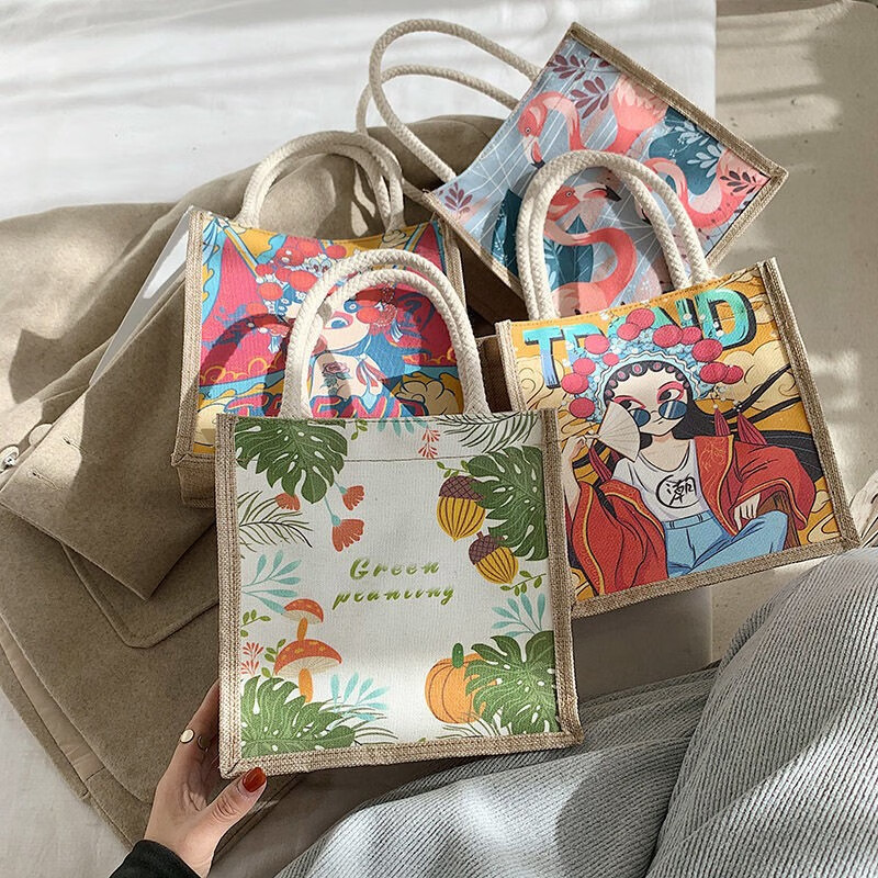 舒森 原创简约麻布包日韩女手提包包潮卡通文艺手拎零食袋环保小便当包 图案随机一个