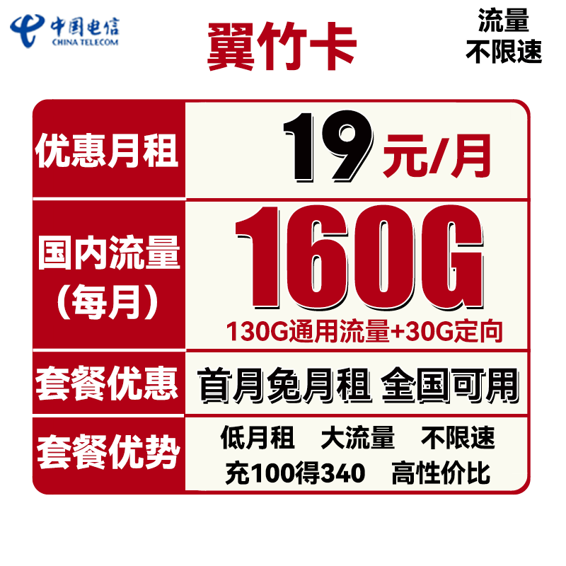 中国电信手机卡流量卡上网卡全国通用电话5G套餐学生校园卡100g不限速畅享天翼星卡 【翼竹卡】19包160G全国流量 首月免月租不限速