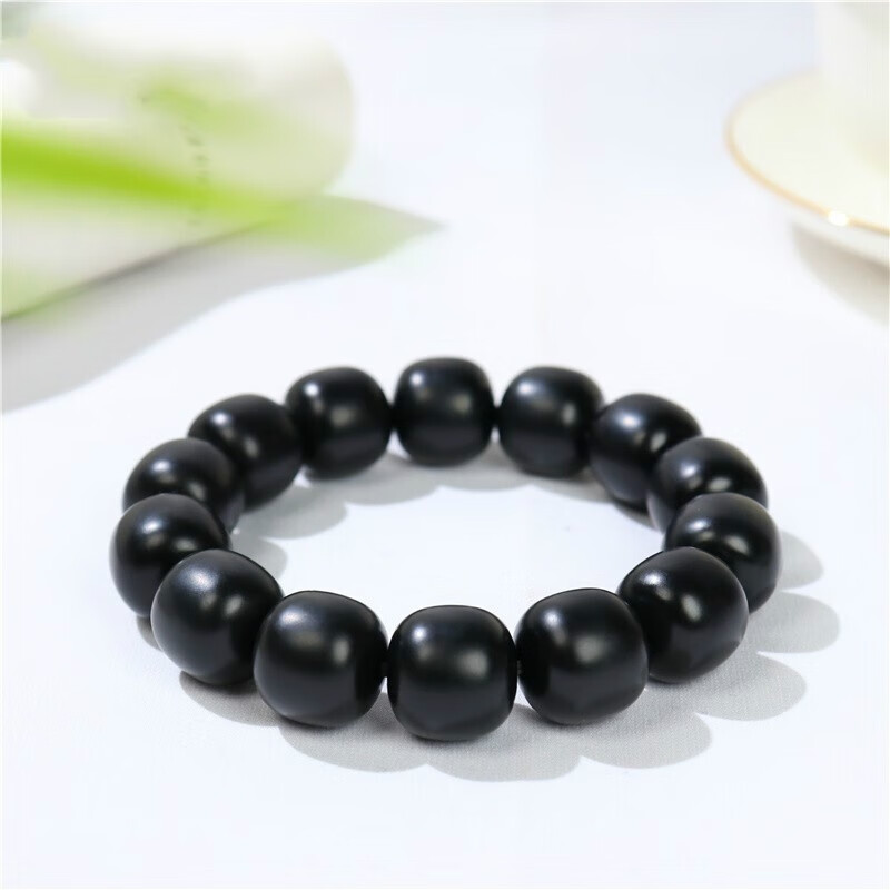 顶盈 和田玉墨玉籽料老型手串 男女款黑玉桶珠手链 一细料单圈纯黑聚