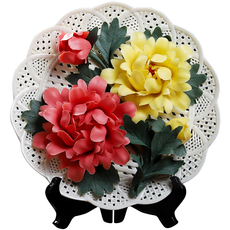東方泥土陶瓷瓷花掛盤擺件博古架客廳桌面家居裝飾酒柜工藝品禮物 10吋編織掛盤雙牡丹紅色+黃色