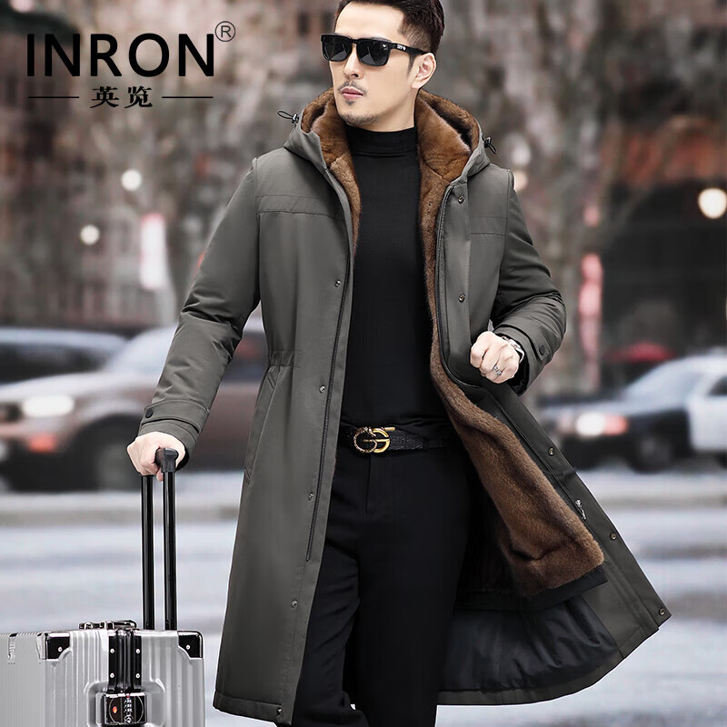 英览 2022加长版进口本色咖啡貂内胆连帽派克服男过膝长款整貂水貂