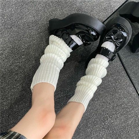 針織襪套原宿風(fēng)辣妹日系jk學(xué)院風(fēng)秋冬保暖中筒堆堆襪女 條紋白色 42cm 均碼