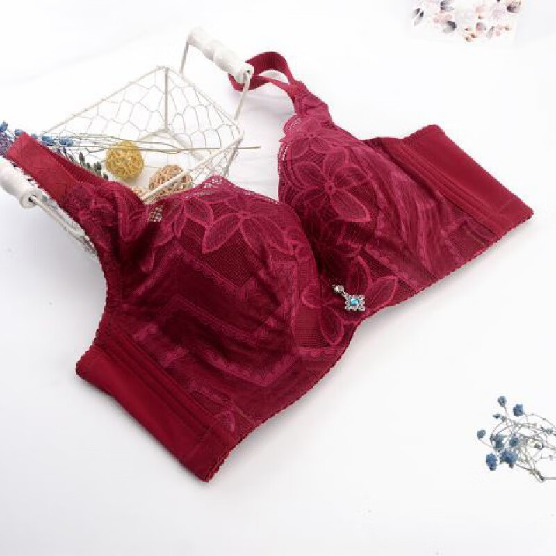 文胸薄款无海绵内衣女有钢圈聚拢调整型带防下垂外扩上托胸罩 酒红色
