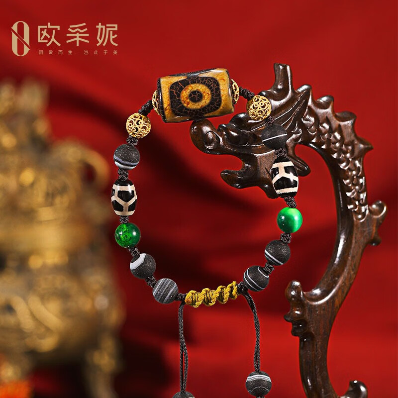 欧采妮珠宝 三眼至纯天珠手串diy设计款天然西藏真品色达老玛瑙原石包浆至纯天珠 三眼天珠手串