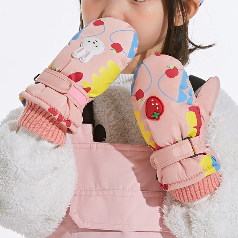 火炬人儿童手套冬季保暖加绒棉3岁到6岁男女宝宝小孩滑雪手套玩雪手套 草莓兔子