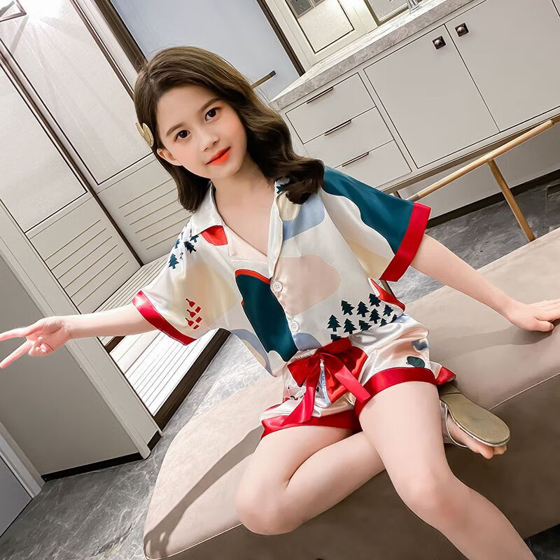 3-14岁洋气小孩夏天穿的女童睡衣夏季薄款短袖套装薄款冰丝女孩空调