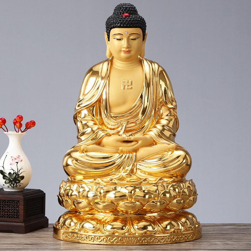 圆通贴金铜佛像 释迦牟尼佛像 黄铜供奉释迦摩尼如来娑婆三圣铜雕摆件