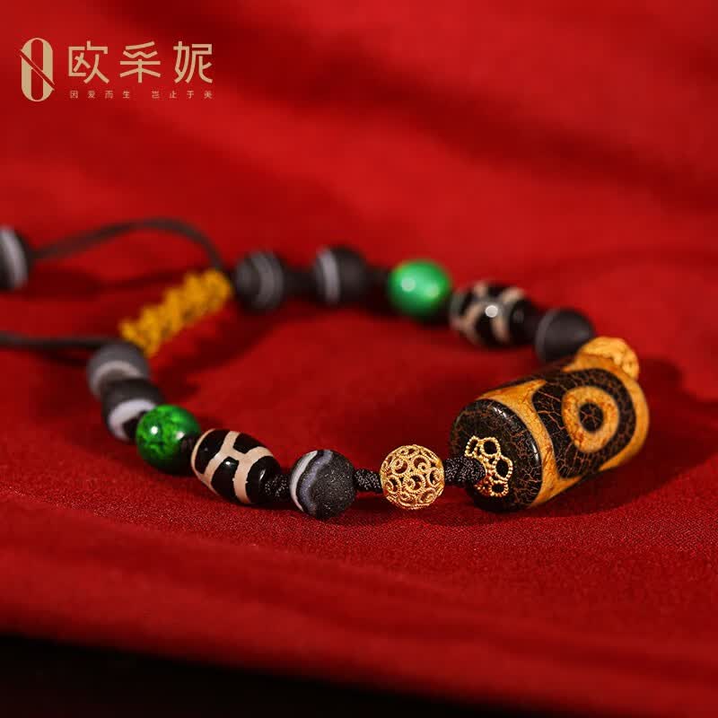 欧采妮珠宝 三眼至纯天珠手串diy设计款天然西藏真品色达老玛瑙原石包浆至纯天珠 三眼天珠手串