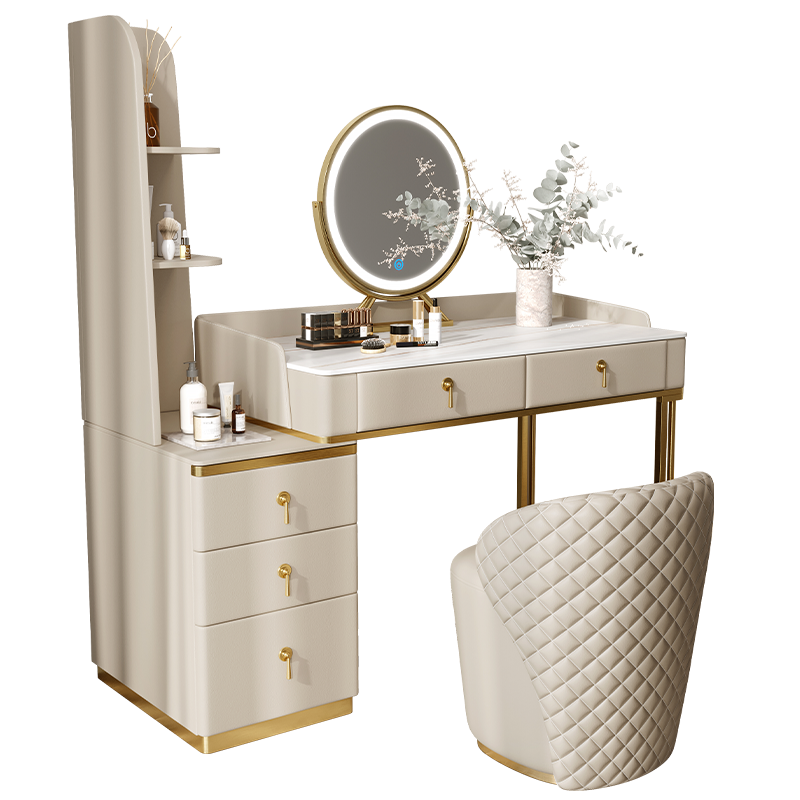风之意 梳妆台 轻奢岩板梳妆台储物柜一体卧室小户型ins带灯现代简约网红化妆台KX-201 优雅白 120cm岩板梳妆台+灯镜+梳妆凳（请备注边柜方向
