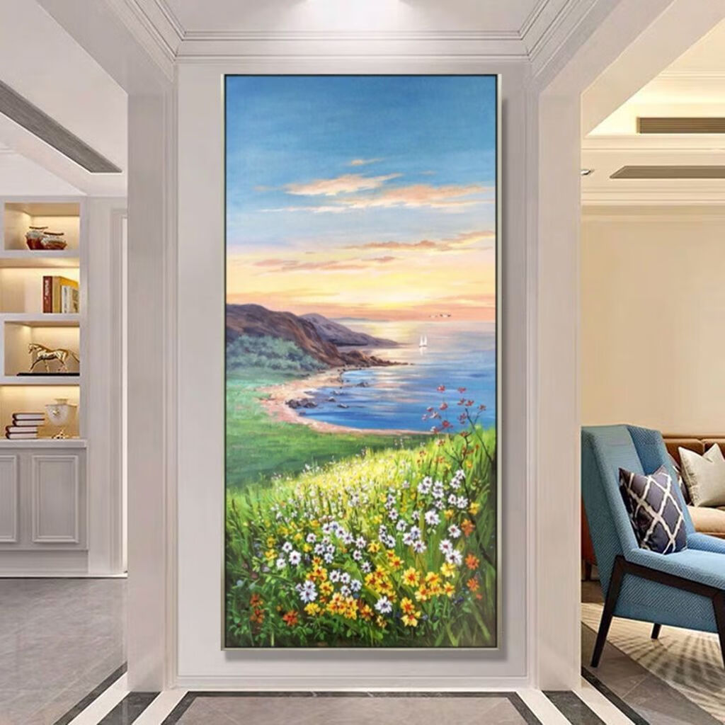禾佳成走廊玄关挂画现代简约手绘油画欧式财源客厅山水风景挂画玄关竖