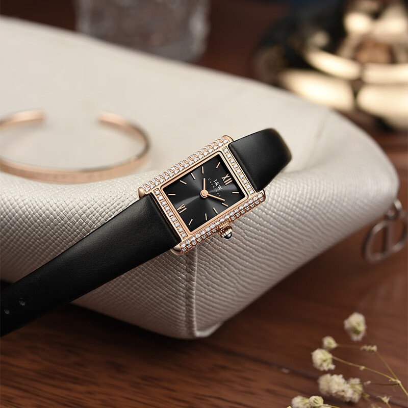 爱沃驰瑞士达芬奇系列经典校园风石英手表女士表七夕生日礼物送女友 玫金壳黑面|黑皮带