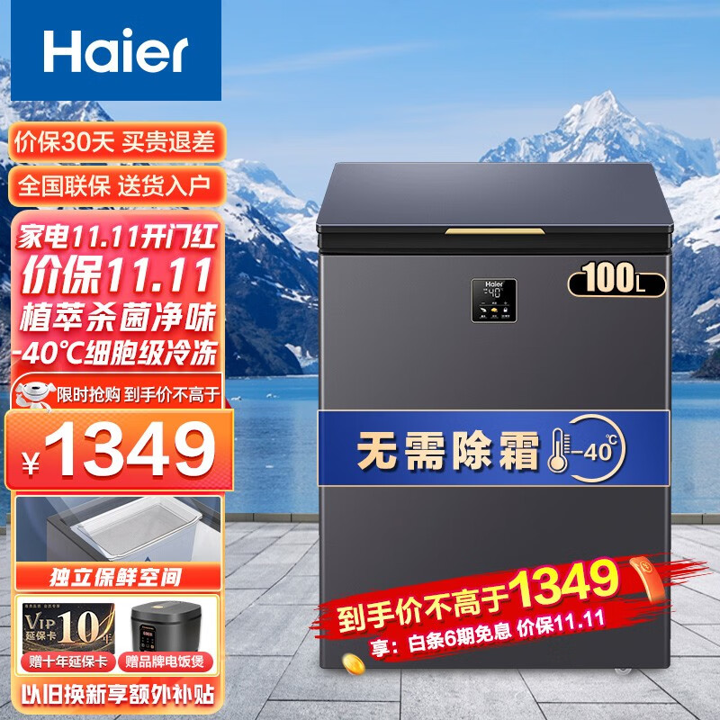 【新品】海尔（Haier）冰柜 家用迷你小冷柜 -40℃超低温 植萃净味系统 彩晶玻璃门体 一级能效 100升丨植萃净味丨细胞级冷冻丨零下40度