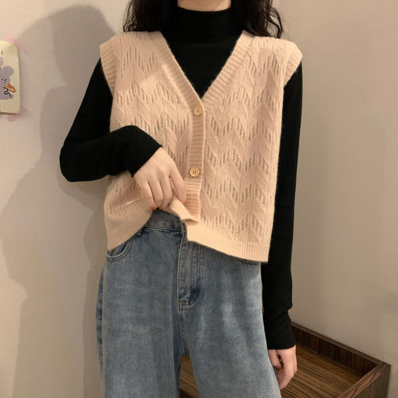 美斯馨针织衫毛衣女波浪镂空v领针织马甲开衫外套女韩版慵懒风毛线衣