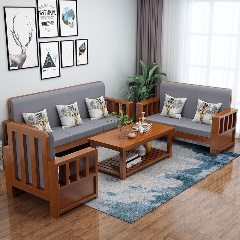 家具沙发沙发组合小户型家用新中式客厅沙发冬夏两用 单人位清漆色