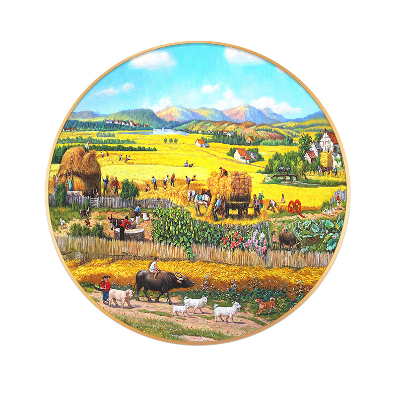 米聆【轻奢高端】现代简约丰收风景入户玄关手绘油画新中式圆形装饰画