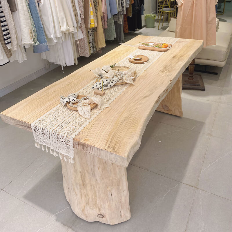 艾鹰 北欧服装店旧木桌展示桌中间摆放桌原木大板自然边餐桌实木泡