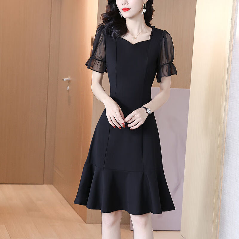 帕曼尼赫本风连衣裙夏新款法式收腰气质修身喇叭袖小黑裙子 黑色 m