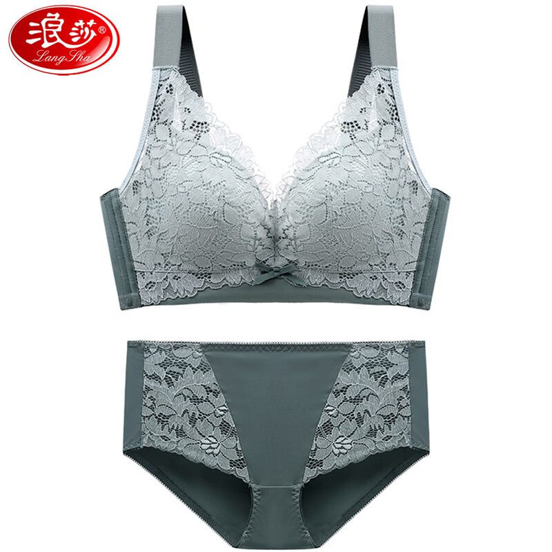 浪莎内衣套装大码大胸显小乳胶胸罩蕾丝撞色聚拢无钢圈调整型女士文胸