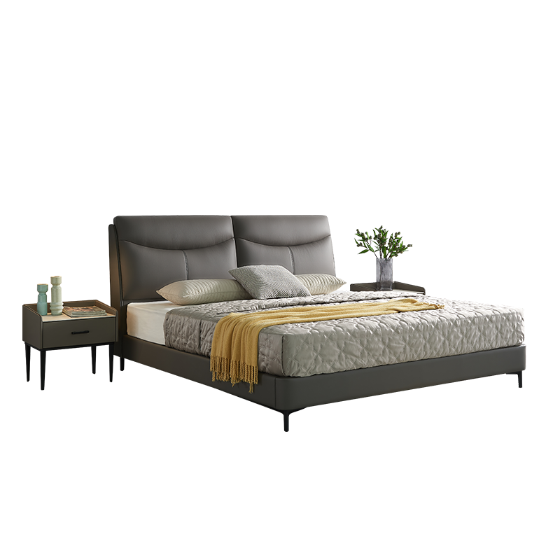 慕思皮床 现代简约风主卧双人床卧室家具大床齐边软包床皮艺床 深灰色皮床(床架+排骨架) 1500*2000
