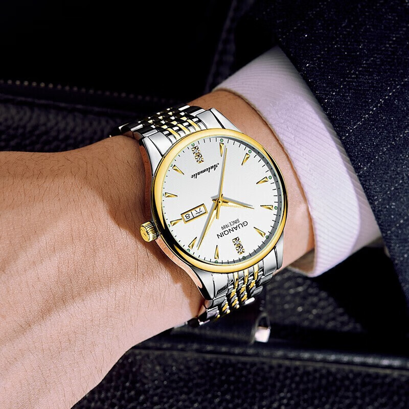 冠琴（GUANQIN） 名表 新款手表男士全自动机械商务休闲防水夜光男表精钢时尚简约 冠琴 16221间金白面 免费刻字