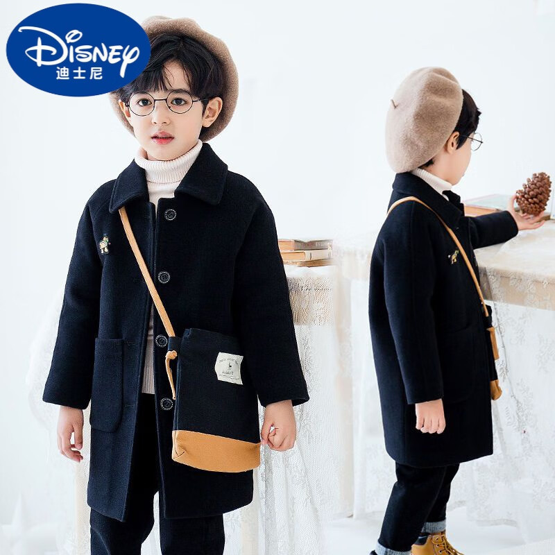 迪士尼（Disney）男童毛呢外套洋氣2023秋冬新款兒童羊絨呢子大衣中大童韓版童裝潮 黑色加絨加棉 160 尺碼(建議身高150厘米左右)