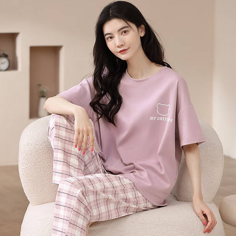 夏季薄款睡衣女士纯棉短袖长裤休闲风可外穿家居服夏天全棉女套装 ysh