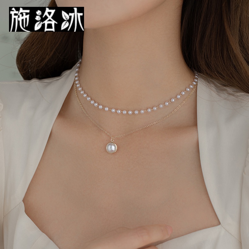 施洛冰项链女ins冷淡风饰品小众设计感双层珍珠锁骨链简约森系轻奢