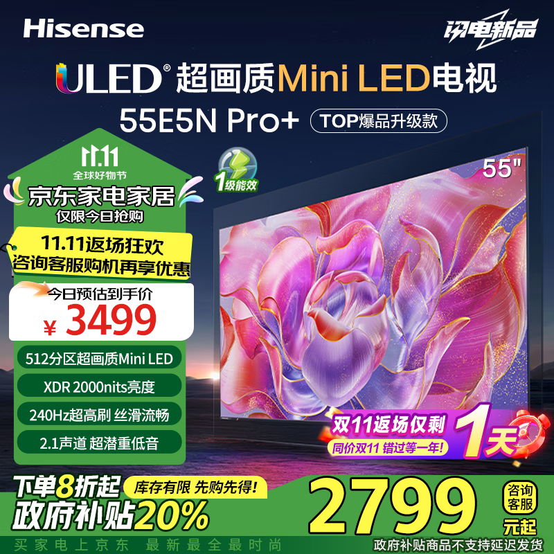 海信电视55E5N Pro+ 55英寸 512分区Mini LED 240Hz高刷 超薄大屏智慧屏55E5N-PRO 以旧换新能效补贴