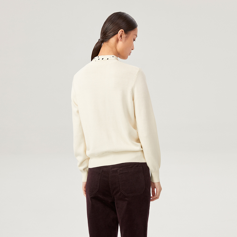 OVV秋冬新款丝巾领两穿绵羊毛精纺休闲长袖针织衫GNZAJ31121A 米白C9 L