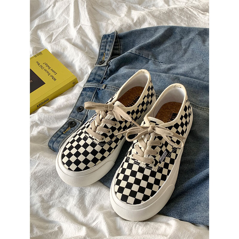 格子鞋2023新款一脚蹬厚底帆布鞋女ulzzang百搭板鞋 黑白棋盘格 35