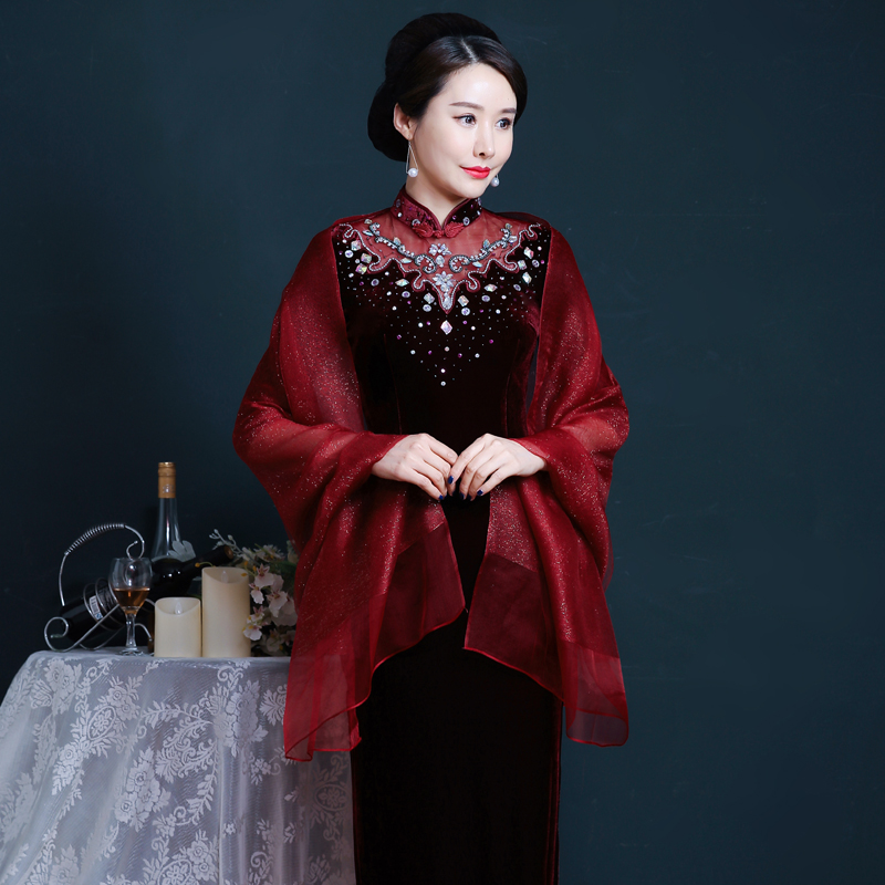 高档真丝披肩女妈妈装婚庆喜婆婆春秋旗袍披肩婚礼两用围巾丝巾百搭长