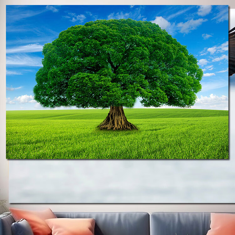 一棵大树草地蓝天白云树林唯美风景装饰挂画电表箱遮挡山水墙贴图
